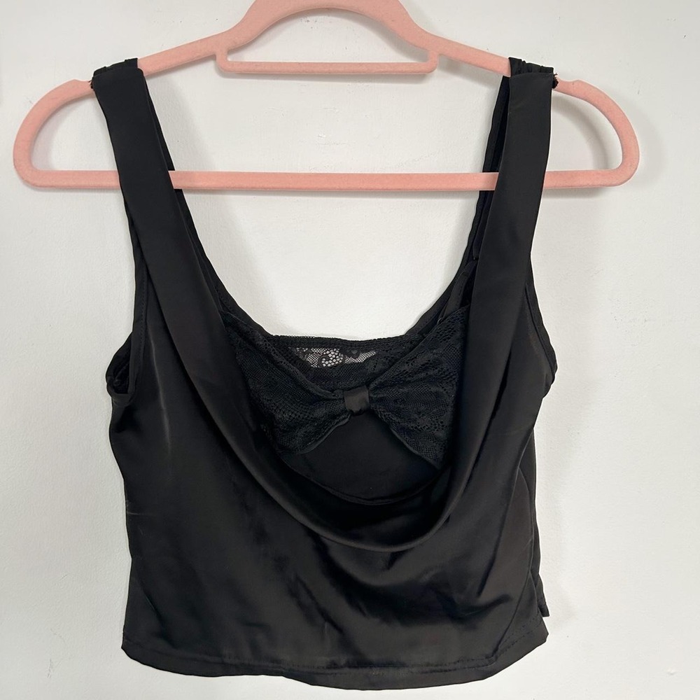 Black satin like cowl neck crop top with lace bra bow detail